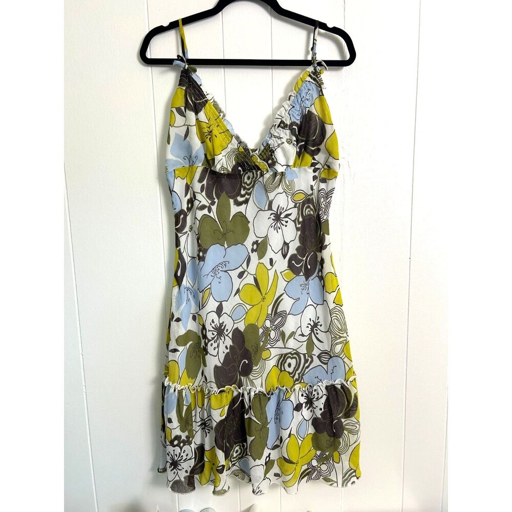Tempo Paris Y2K Floral Mini Dress L Ruffle‎ Hem Boho 90s babydoll vacation bows